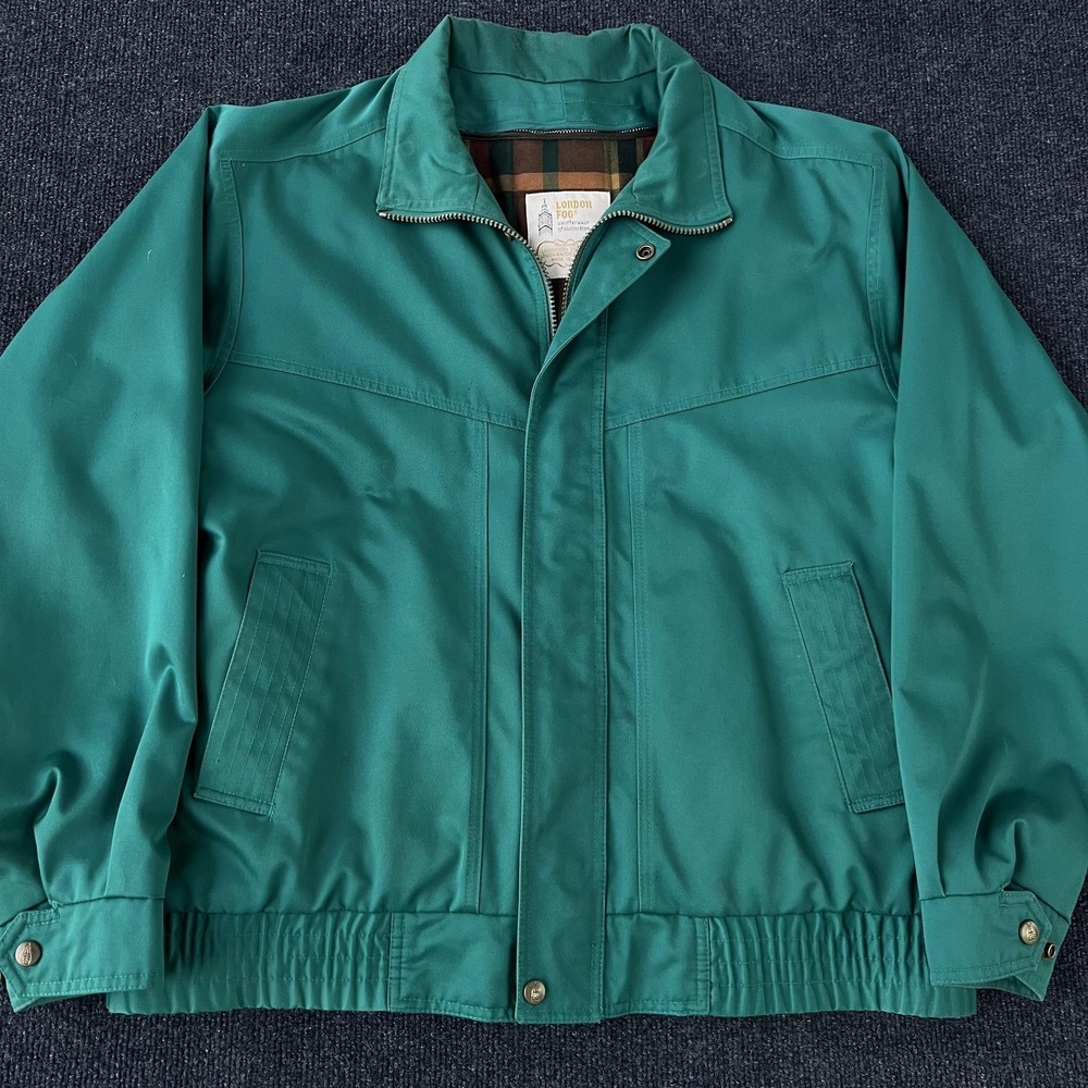 Vintage London Fog Jacket Mens 42 Long Green Plaid Lined Harrington Bomber 90s